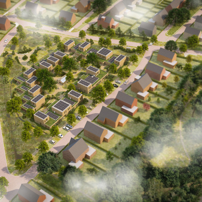 Luchtfoto van een woonwijk met vrijstaande huizen, groene tuinen en straten