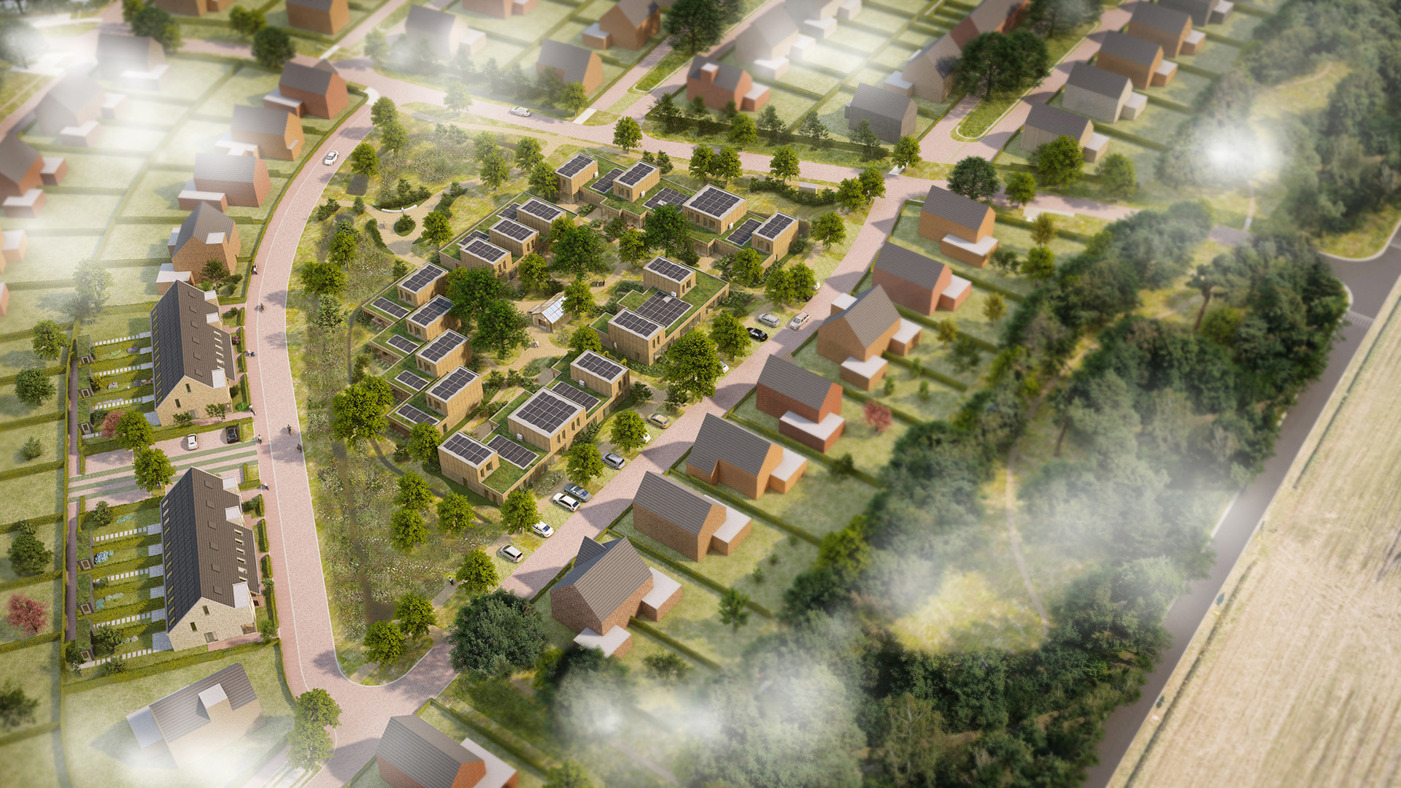 Luchtfoto van een woonwijk met vrijstaande huizen, groene tuinen en straten