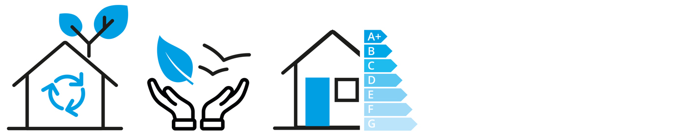 Iconen met de betekenis (van links naar rechts): circulair, natuurinclusief en energiebewust gebouwd