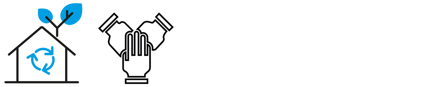 2 iconen met de betekenis (van links naar rechts): circulair en collectief gebouwd