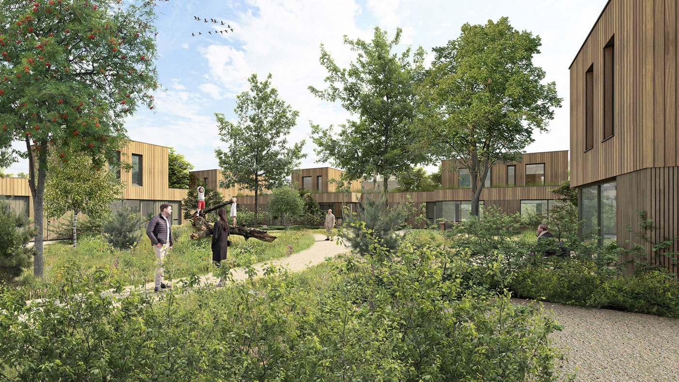 Groene woonomgeving met moderne houten gebouwen, wandelpaden en bomen