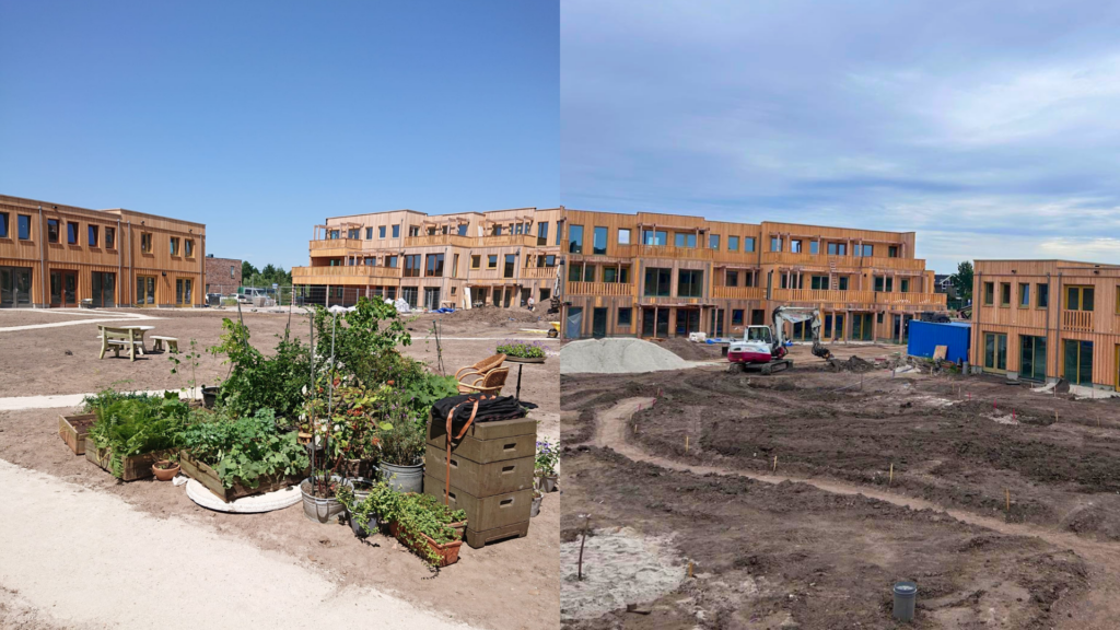 Gecombineerde afbeelding van de werkzaamheden voor de collectieve tuin met in de linker helft van de afbeelding een deel van de beplanting die bij elkaar is gezet om in de nog kale grond te gaan zetten. In het rechter deel zien we graafwerkzaamheden waarbij paden en borders worden gecreëerd voor de collectieve tuin.