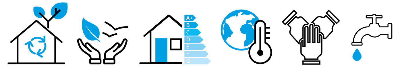 Zes iconen van de thema's horizontaal op een rij, getekend in zwart en blauw. De betekenis van iedere icoon is onder de afbeelding uitgeschreven in het uitklapmenu.