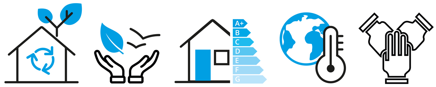 Iconen met de betekenis (van links naar rechts): circulair, natuurinclusief, energiebewust, klimaatadaptief en collectief gebouwd