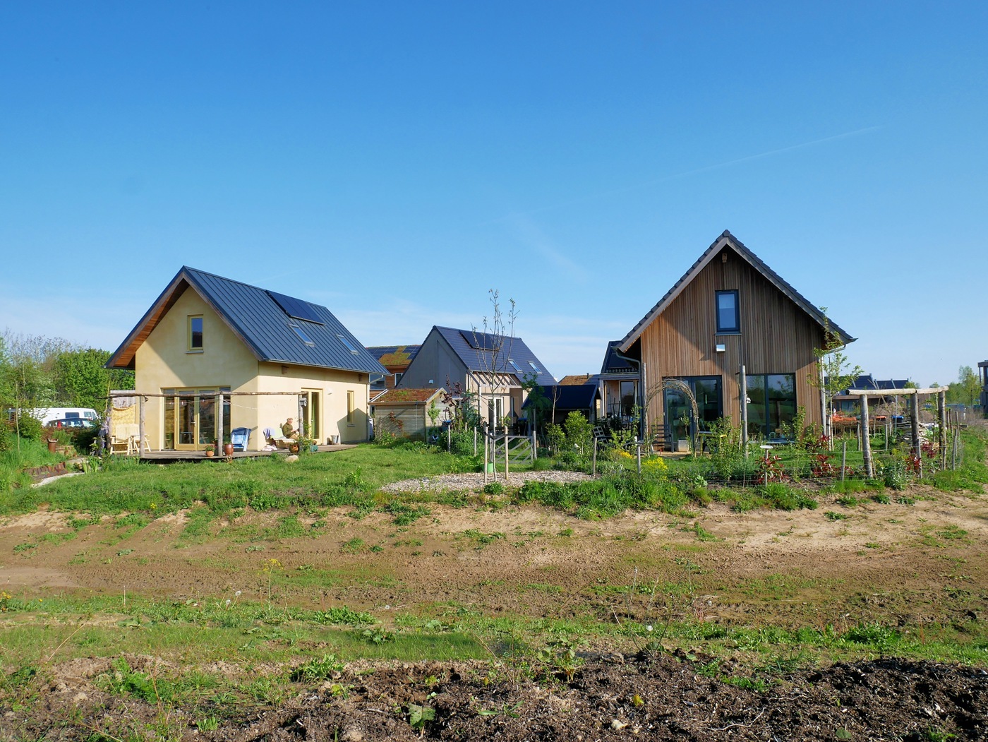 Meerdere nieuwbouwwoningen in een pasaangelegde tuin en langs een sloot als voorbeeld voor toekomstbestendig bouwen in Olstergaard.